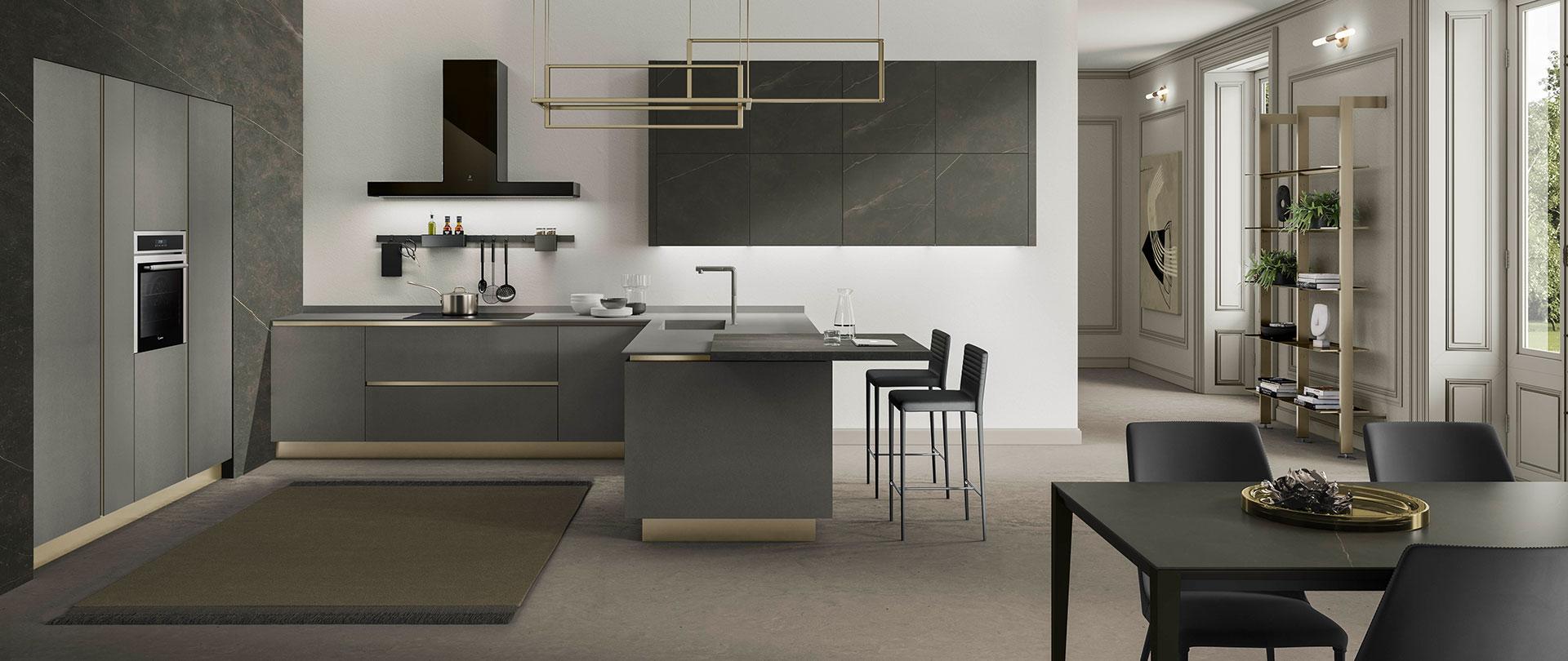 Open space soggiorno cucina con arredamento moderno