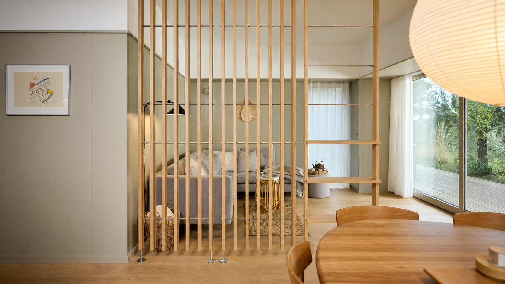Divisorio in legno per open space e soggiorno moderno