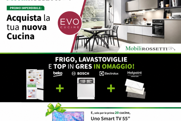 Promo cucine EVO da Mobili Rossetti con elettrodomestici e Smart TV in regalo