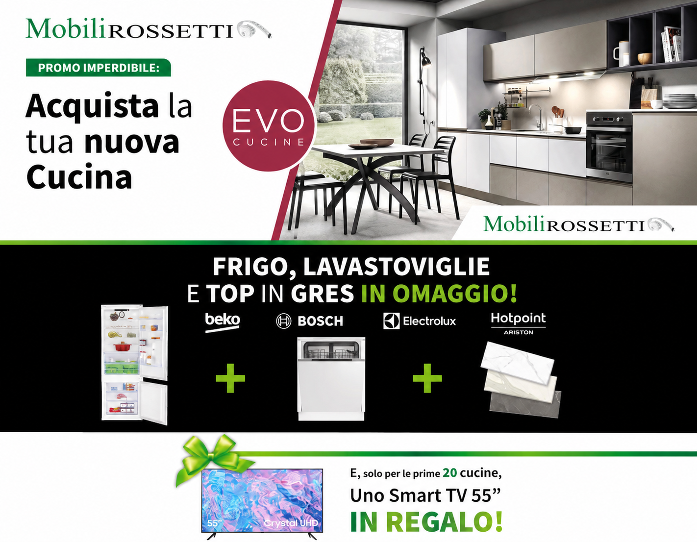 Promo cucine EVO da Mobili Rossetti con elettrodomestici e Smart TV in regalo