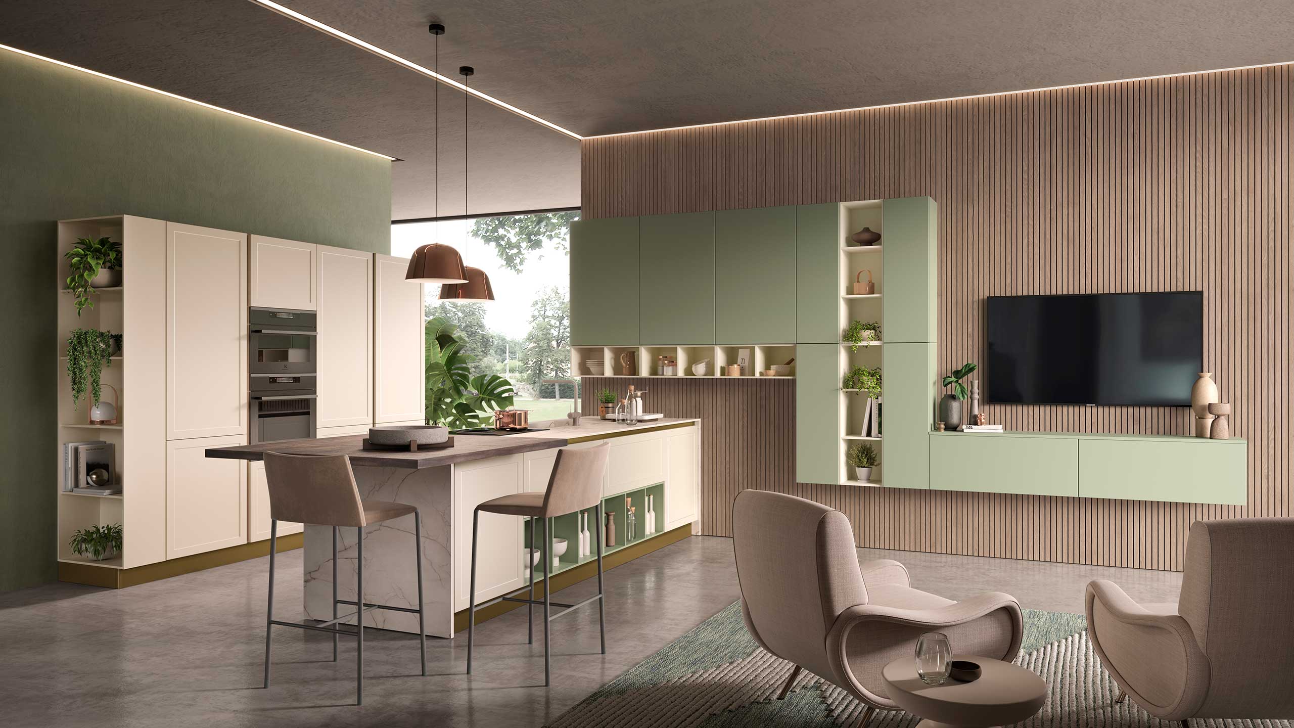 Isola cucina moderna con piano di lavoro e contenitori: profondità e lunghezza